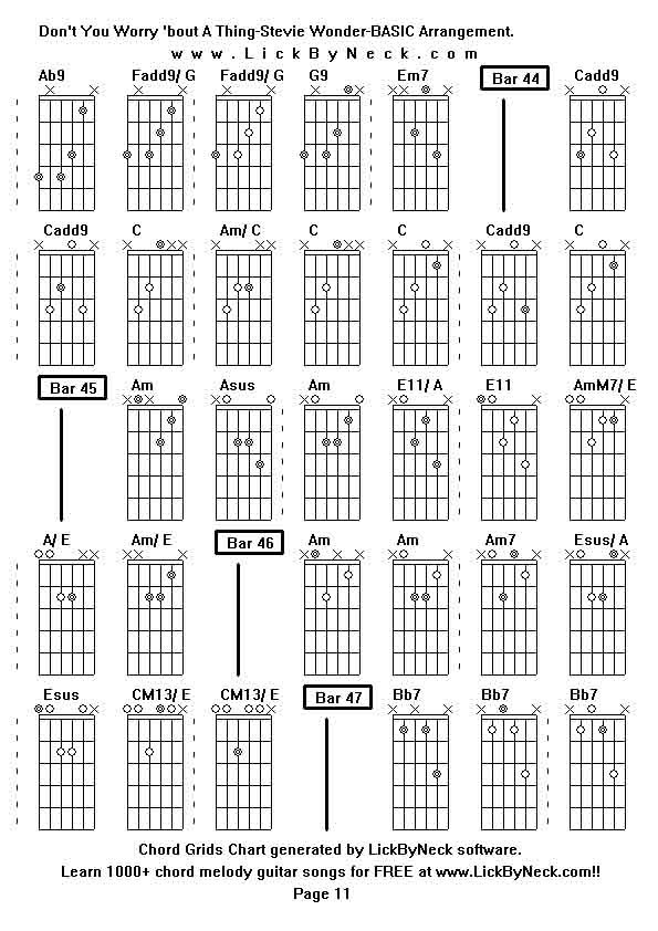 Chord Grids Chart of chord melody fingerstyle guitar song-Don't You Worry 'bout A Thing-Stevie Wonder-BASIC Arrangement,generated by LickByNeck software.